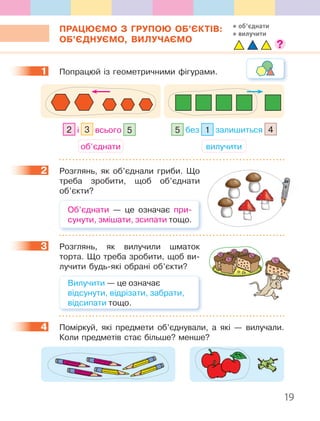 19
ПРАЦЮЄМО З ГРУПОЮ ОБ’ЄКТІВ:
ОБ’ЄДНУЄМО, ВИЛУЧАЄМО
1 Попрацюй із геометричними фігурами.
2 і 3 всього 5 5 без 1 залишиться 4
вилучитиоб’єднати
2 Розглянь, як об’єднали гриби. Що
треба зробити, щоб об’єднати
об’єкти?
Об’єднати — це означає при-
сунути, змішати, зсипати тощо.
3 Розглянь, як вилучили шматок
торта. Що треба зробити, щоб ви-
лучити будь-які обрані об’єкти?
Вилучити — це означає
відсунути, відрізати, забрати,
відсипати тощо.
4 Поміркуй, які предмети об’єднували, а які — вилучали.
Коли предметів стає більше? менше?
1
2
3
4
об’єднати
вилучити
 