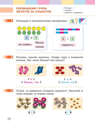 20
ПОРІВНЮЄМО ГРУПИ
ОБ’ЄКТІВ ЗА КІЛЬКІСТЮ
1 Попрацюй із математичними матеріалами.
56 =
не порівну
більше
менше
36 
нерівність
2 Розглянь кожний малюнок. Утвори пари з елементів
множин. Яке число більше? яке менше?
4  2
4 більше, ніж 2
5  6
5 менше, ніж 6
3 З’ясуй, чи правильно складено нерівності. Прочитай їх
зліва направо та справа наліво.
6  5 4  8
1
1 2
3
2
3
більше 
менше 
рівність, нерівність
 