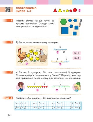 32
ПОВТОРЮЄМО
ЧИСЛА 1–7
1 Розбий фігури на дві групи за
трьома ознаками. Склади мож-
ливі рівності та нерівності.
2 Добери до малюнка схему та вираз.
25
5+2
5–2
2
5
3 У Сашка 7 цукерок. Він дав товаришеві 3 цукерки.
Скільки цукерок залишилось у Сашка? Перевір, хто з ді-
тей правильно склав схему для відповіді на запитання.
7 3 7
3
4 Знайди хибні рівності. Як виправити помилки?
5− 1= 4 6+ 1= 5 7− 1= 6 5+ 1= 4
8+ 1= 9 4− 1= 2 2+ 1= 1 9− 1= 8
1
2
3
4
 