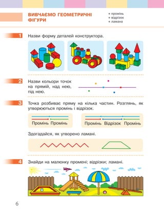 6
ВИВЧАЄМО ГЕОМЕТРИЧНІ
ФІГУРИ
1 Назви форму деталей конструктора.
2 Назви кольори точок
на прямій, над нею,
під нею.
3 Точка розбиває пряму на кілька частин. Розглянь, як
утворюються промінь і відрізок.
Промінь Промінь ВідрізокПромінь Промінь
Здогадайся, як утворено ламані.
4 Знайди на малюнку промені; відрізки; ламані.
1
2
3
4
промінь
відрізок
ламана
 