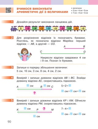 90
ВЧИМОСЯ ВИКОНУВАТИ
АРИФМЕТИЧНІ ДІЇ З ВЕЛИЧИНАМИ
1 Дізнайся результат виконання ланцюжка дій.
3 +5 +4+9 +0–4 –9–5 –5+2
2 Для розрізнення відрізків їх позначають буквами.
Розглянь, як позначила відрізки Марійка: перший
відрізок — АB, а другий — СO.
C O
A B
Накресли відрізки завдовжки 4 см
і 9 см. Познач їх буквами.
3 Запиши в порядку збільшення величини:
5 см, 10 см, 3 см, 8 см, 4 см, 2 см.
4 Виміряй і запиши довжини відрізків АВ і ВС. Знайди
довжину відрізка АС, скориставшись підказкою.
А В Ссм см 5+2=
см+ см= см
5 Виміряй і запиши довжини відрізків КР і КМ. Обчисли
довжину відрізка РМ, скориставшись підказкою.
K P M
см
см 7–4=
см– см= см
1
2
3
4
5
величини
5см+4см=9см
7см–4см=3см
 
