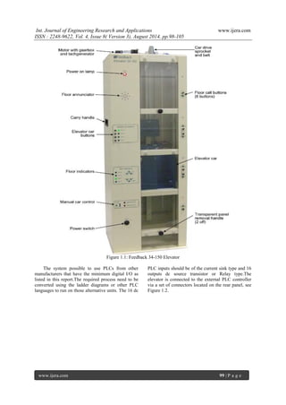 Int. Journal of Engineering Research and Applications www.ijera.com 
ISSN : 2248-9622, Vol. 4, Issue 8( Version 3), August 2014, pp.98-105 
www.ijera.com 99 | P a g e 
Figure 1.1: Feedback 34-150 Elevator 
The system possible to use PLCs from other manufacturers that have the minimum digital I/O as listed in this report.The required process need to be converted using the ladder diagrams or other PLC languages to run on those alternative units. The 16 dc PLC inputs should be of the current sink type and 16 outputs dc source transistor or Relay type.The elevator is connected to the external PLC controller via a set of connectors located on the rear panel, see Figure 1.2.  