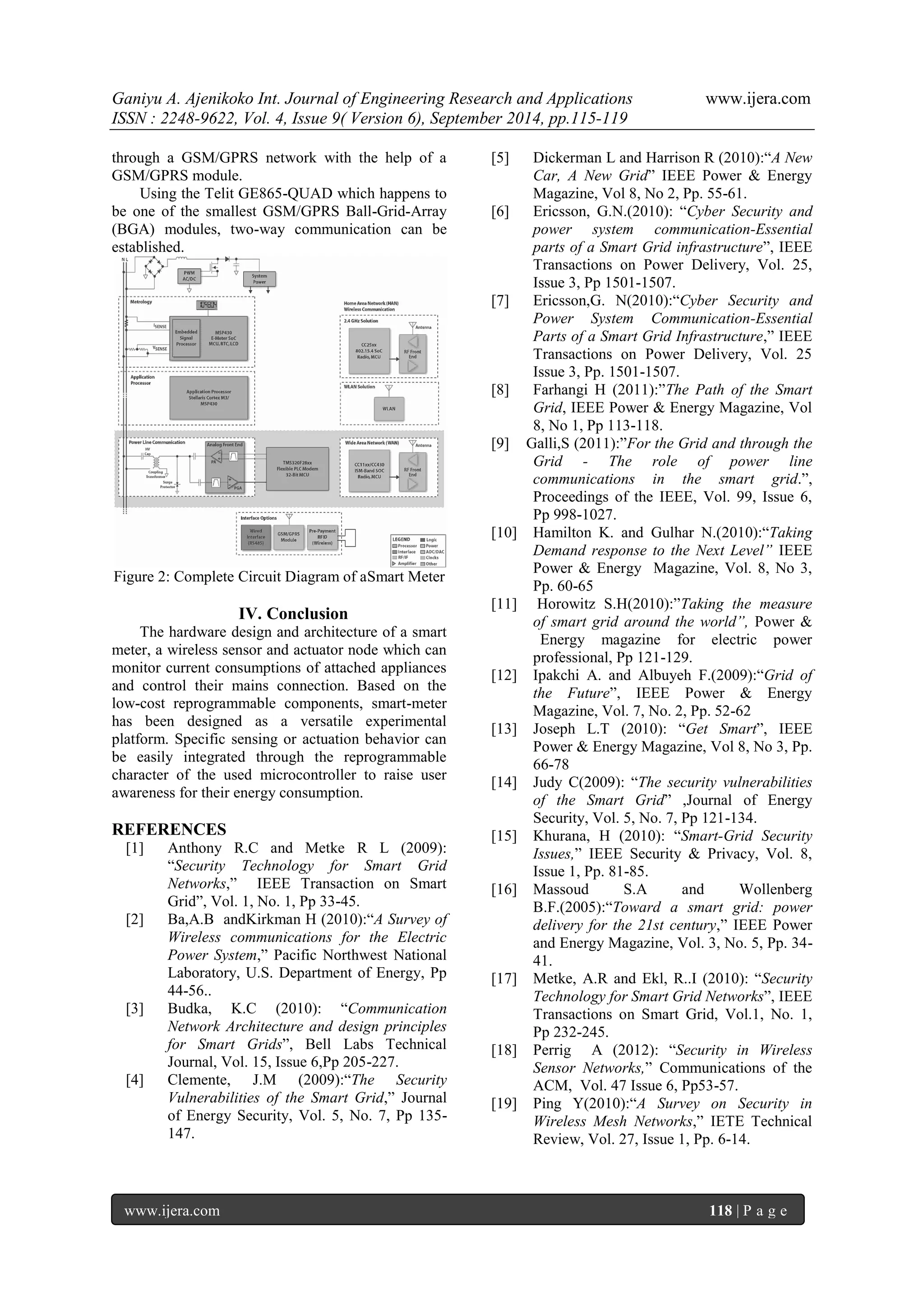 Ganiyu A. Ajenikoko Int. Journal of Engineering Research and Applications www.ijera.com 
ISSN : 2248-9622, Vol. 4, Issue 9( Version 6), September 2014, pp.115-119 
www.ijera.com 118 | P a g e 
through a GSM/GPRS network with the help of a GSM/GPRS module. Using the Telit GE865-QUAD which happens to be one of the smallest GSM/GPRS Ball-Grid-Array (BGA) modules, two-way communication can be established. 
Figure 2: Complete Circuit Diagram of aSmart Meter 
IV. Conclusion 
The hardware design and architecture of a smart meter, a wireless sensor and actuator node which can monitor current consumptions of attached appliances and control their mains connection. Based on the low-cost reprogrammable components, smart-meter has been designed as a versatile experimental platform. Specific sensing or actuation behavior can be easily integrated through the reprogrammable character of the used microcontroller to raise user awareness for their energy consumption. REFERENCES 
[1] Anthony R.C and Metke R L (2009): “Security Technology for Smart Grid Networks,” IEEE Transaction on Smart Grid”, Vol. 1, No. 1, Pp 33-45. 
[2] Ba,A.B andKirkman H (2010):“A Survey of Wireless communications for the Electric Power System,” Pacific Northwest National Laboratory, U.S. Department of Energy, Pp 44-56.. 
[3] Budka, K.C (2010): “Communication Network Architecture and design principles for Smart Grids”, Bell Labs Technical Journal, Vol. 15, Issue 6,Pp 205-227. 
[4] Clemente, J.M (2009):“The Security Vulnerabilities of the Smart Grid,” Journal of Energy Security, Vol. 5, No. 7, Pp 135- 147. 
[5] Dickerman L and Harrison R (2010):“A New Car, A New Grid” IEEE Power & Energy Magazine, Vol 8, No 2, Pp. 55-61. 
[6] Ericsson, G.N.(2010): “Cyber Security and power system communication-Essential parts of a Smart Grid infrastructure”, IEEE Transactions on Power Delivery, Vol. 25, Issue 3, Pp 1501-1507. 
[7] Ericsson,G. N(2010):“Cyber Security and Power System Communication-Essential Parts of a Smart Grid Infrastructure,” IEEE Transactions on Power Delivery, Vol. 25 Issue 3, Pp. 1501-1507. 
[8] Farhangi H (2011):”The Path of the Smart Grid, IEEE Power & Energy Magazine, Vol 8, No 1, Pp 113-118. 
[9] Galli,S (2011):”For the Grid and through the Grid - The role of power line communications in the smart grid.”, Proceedings of the IEEE, Vol. 99, Issue 6, Pp 998-1027. 
[10] Hamilton K. and Gulhar N.(2010):“Taking Demand response to the Next Level” IEEE Power & Energy Magazine, Vol. 8, No 3, Pp. 60-65 
[11] Horowitz S.H(2010):”Taking the measure of smart grid around the world”, Power & Energy magazine for electric power professional, Pp 121-129. 
[12] Ipakchi A. and Albuyeh F.(2009):“Grid of the Future”, IEEE Power & Energy Magazine, Vol. 7, No. 2, Pp. 52-62 
[13] Joseph L.T (2010): “Get Smart”, IEEE Power & Energy Magazine, Vol 8, No 3, Pp. 66-78 
[14] Judy C(2009): “The security vulnerabilities of the Smart Grid” ,Journal of Energy Security, Vol. 5, No. 7, Pp 121-134. 
[15] Khurana, H (2010): “Smart-Grid Security Issues,” IEEE Security & Privacy, Vol. 8, Issue 1, Pp. 81-85. 
[16] Massoud S.A and Wollenberg B.F.(2005):“Toward a smart grid: power delivery for the 21st century,” IEEE Power and Energy Magazine, Vol. 3, No. 5, Pp. 34- 41. 
[17] Metke, A.R and Ekl, R..I (2010): “Security Technology for Smart Grid Networks”, IEEE Transactions on Smart Grid, Vol.1, No. 1, Pp 232-245. 
[18] Perrig A (2012): “Security in Wireless Sensor Networks,” Communications of the ACM, Vol. 47 Issue 6, Pp53-57. 
[19] Ping Y(2010):“A Survey on Security in Wireless Mesh Networks,” IETE Technical Review, Vol. 27, Issue 1, Pp. 6-14.  