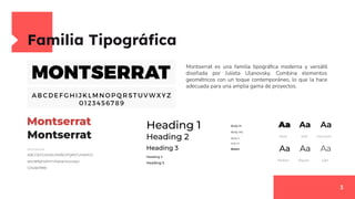 Familia Tipográﬁca
3
Montserrat es una familia tipográﬁca moderna y versátil
diseñada por Julieta Ulanovsky. Combina elementos
geométricos con un toque contemporáneo, lo que la hace
adecuada para una amplia gama de proyectos.
 