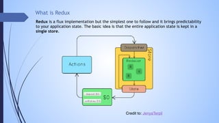 What is Redux
Redux is a flux implementation but the simplest one to follow and it brings predictability
to your application state. The basic idea is that the entire application state is kept in a
single store.
Credit to: JenyaTerpil
 