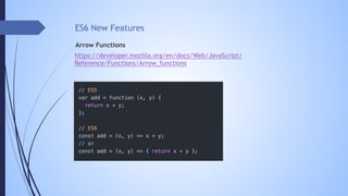 https://developer.mozilla.org/en/docs/Web/JavaScript/
Reference/Functions/Arrow_functions
Arrow Functions
ES6 New Features
 