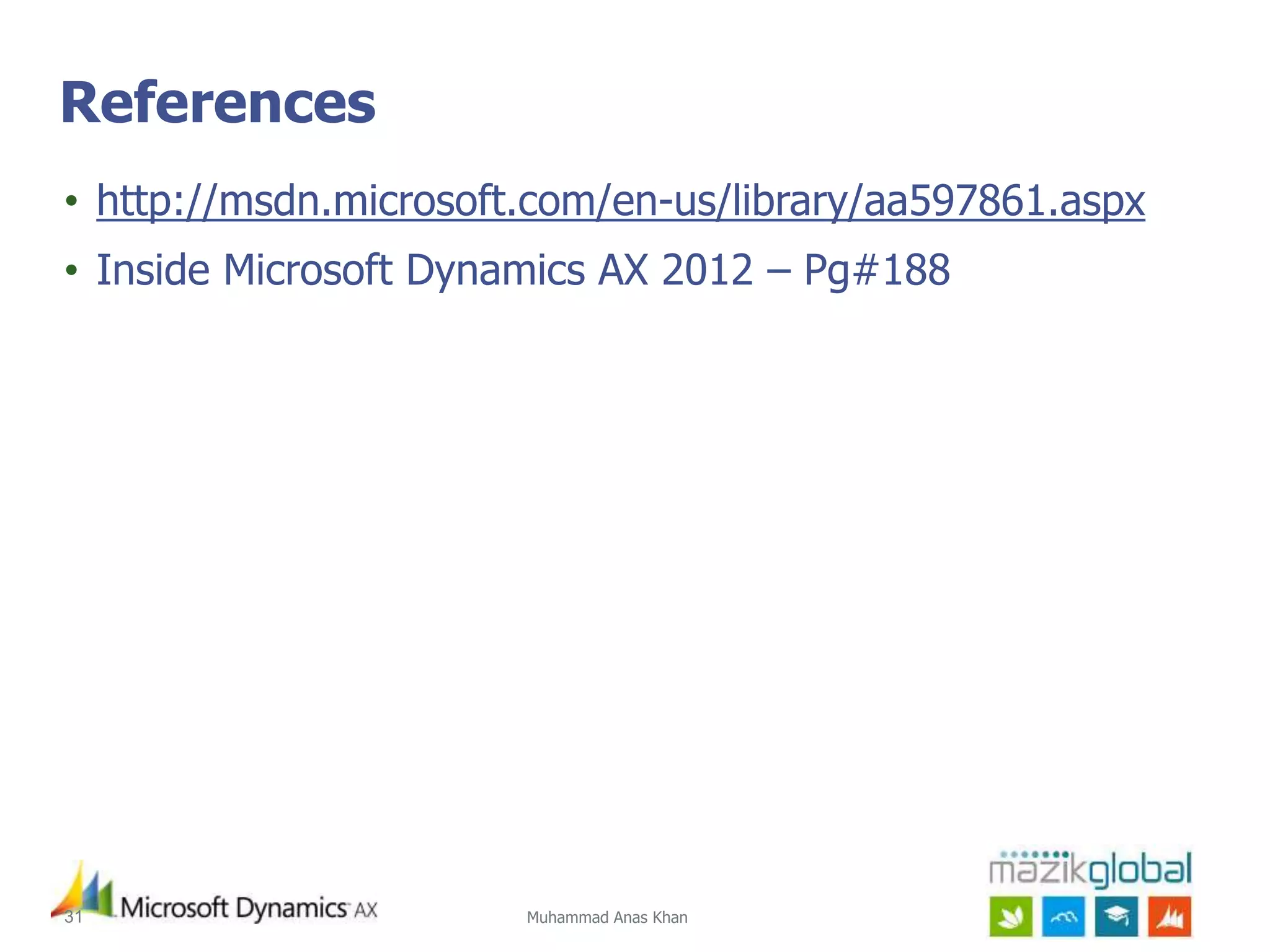 Muhammad Anas Khan31
References
• http://msdn.microsoft.com/en-us/library/aa597861.aspx
• Inside Microsoft Dynamics AX 2012 – Pg#188
 