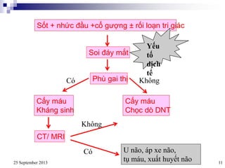 25 September 2013 11
Sốt + nhức đầu +cổ gượng ± rối loạn tri giác
Soi đáy mắt
Cấy máu
Kháng sinh
Phù gai thị
Cấy máu
Chọc dò DNT
Yếu
tố
dịch
tể
CT/ MRI
U não, áp xe não,
tụ máu, xuất huyết não
Có
Không
Có Không
 