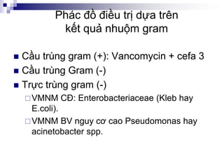 Phác đồ điều trị dựa trên
kết quả nhuộm gram
 Cầu trùng gram (+): Vancomycin + cefa 3
 Cầu trùng Gram (-)
 Trực trùng gram (-)
VMNM CĐ: Enterobacteriaceae (Kleb hay
E.coli).
VMNM BV nguy cơ cao Pseudomonas hay
acinetobacter spp.
 