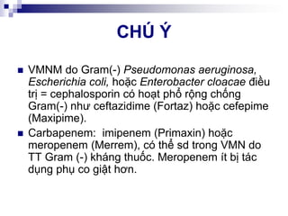 CHÚ Ý
 VMNM do Gram(-) Pseudomonas aeruginosa,
Escherichia coli, hoặc Enterobacter cloacae điều
trị = cephalosporin có hoạt phổ rộng chống
Gram(-) như ceftazidime (Fortaz) hoặc cefepime
(Maxipime).
 Carbapenem: imipenem (Primaxin) hoặc
meropenem (Merrem), có thể sd trong VMN do
TT Gram (-) kháng thuốc. Meropenem ít bị tác
dụng phụ co giật hơn.
 