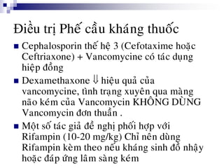 Điều trị Pheá caàu khaùng thuoác
 Cephalosporin theá heä 3 (Cefotaxime hoaëc
Ceftriaxone) + Vancomycine coù taùc duïng
hieäp ñoàng
 Dexamethaxone  hieäu quaû cuûa
vancomycine, tình traïng xuyeân qua maøng
naõo keùm cuûa Vancomycin KHOÂNG DUØNG
Vancomycin ñôn thuaàn .
 Moät soá taùc giaû ñeà nghò phoái hôïp vôùi
Rifampin (10-20 mg/kg) Chæ neân duøng
Rifampin keøm theo neáu khaùng sinh ñoà nhaäy
hoaëc ñaùp öùng laâm saøng keùm
 