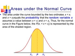 Areas under the Normal Curve
 The area under the curve bounded by the two ordinates x = x1
and x = x2 equals the probability that the random variable x
assumes a value between x = x1 and x = x2. Thus, for the normal
curve in the Figure below, the P(x1 < x < x2) is represented by the
area of the shaded region.
µx1 x2
 