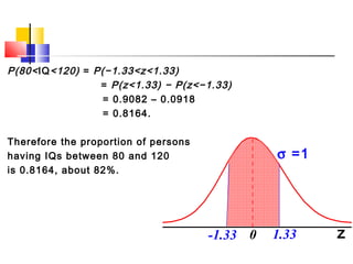 P(80<IQ<120) = P(−1.33<z<1.33)
= P(z<1.33) − P(z<−1.33)
= 0.9082 – 0.0918
= 0.8164.
Therefore the proportion of persons
having IQs between 80 and 120
is 0.8164, about 82%.
σ =1
0-1.33 1.33 z
 