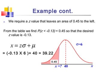 a. We require a z value that leaves an area of 0.45 to the left.
From the table we find P(z < -0.13) = 0.45 so that the desired
z value is -0.13.
σ=6
40 x
0.45
µσ += zx
= (-0.13 X 6 )+ 40 = 39.22
x =?
Example cont.
 