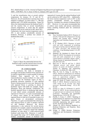 R K. Abdulrahman et al Int. Journal of Engineering Research and Applications www.ijera.com
ISSN : 2248-9622, Vol. 5, Issue 1( Part 1), January 2015, pp.121-124
www.ijera.com 124 | P a g e
% and the tresnsfication time at several solution
temperatures for instance, 45, 55 and 60 °C.
Moreover, the all treansfication reactions have been
adopted at methanol: oil ration about 7:1, 700 rpm
agitation and 1.25% KOH concentration. Figure (6)
shows the relationship between the biodiesel yield %
and the reaction time at several treansfication
reaction temperatures. It seems that the optimal
biodiesel yield can be achieved at 60C about 96%. .
Furthermore, the lower reaction temperature such as
45C is also produce considerable amounts of
biodiesel. However, it produce less amount of
biodiesel that at 60C.
Figure 6: Shows the relationship between the
biodiesel yield % and the reaction time at several
treansfication reaction temperatures.
IV. CONCLUSION
In conclusion, this study is attempted to
investigate and produce biodiesel from rapeseed oil.
It could be argued that it is quite possible to produce
biodiesel from rapeseed oil by using
transesterification reaction method. It is also could
be stated that the Kurdistan region of Iraq is
producing enormous quantities of wild rapeseed
flower at spring session in every year. Moreover, the
wild rapeseed flower is growing in almost all
Kurdistan region wild fields for example, Zagros
Mountains, Koya and Raniyah. Furthermore, the
Kurdish rapeseed flower is producing high amount
of seed which contain considerable amounts of
rapeseed oil. However, it is quite recommended that
to achieve more studies on the Kurdish wild
rapeseed flower to find out if it possible to grow it in
green houses or pre-prepared environment.
Therefore, it is quite recommended that utilizing the
wild rapeseed flower in order to produce rapeseed
oil and biodiesel. Moreover, the process
optimization is also achieved for several process
parameters for example, catalyst concentration & the
alcohol: oil ratio. It could be argued that adopting
methanol/ oil ratio about 7:1 could achieved good
biodiesel yield about 96%. Moreover, it could be
also argued that using 1.25 % KOH catalyst could
produce considerable amount of biodiesel from
rapeseed oil. It seems that the optimal biodiesel yield
can be achieved at 60ºC about 96%. . Additionally,
the lower reaction temperature such as 45ºC is also
produce considerable amounts of biodiesel.
However, it produce less amount of biodiesel that at
60ºC. However, it is also quite recommended that
to achieve more studies and process optimization
before installing biodiesel plant for commercial
production.
REFERENCES
[1] Nazy Awishalem Sarkees (2013) ‘Response of
Growth, Yield and Oil of Rapeseed to Sowing
Method and Seeding Rate’, Journal of
Agriculture and Veterinary Science. 3 (1), PP.
01-06
[2] G. R. Ghodrati (2011) ‘Response of grain
yield and yield components of promising
genotypes of spring rapeseed (Brassica napus
L.) under non-stress and moisture-stress
conditions’, Crop Breeding Journal. 2 (1), PP.
1815–1835.
[3] Shahraki1, M., Salimbek, R., Galavi, M. and
Fanae, H. (2012) ‘Investigation of correlation
yield and yield components of 12 spring
canola hybrids in Iranshahr climatic region’,
African Journal of Agricultural Research. 7
(20), PP.3134-3138.
[4] Bum Lee, S., Han, K. and Lee, J., (2012)
‘Optimum process and energy density
analysis of canola oil biodiesel synthesis’,
Journal of Industrial and Engineering
Chemistry. 16 (2010), PP. 1006–1010.
[5] Shin, H., Lim, S., Kang, S., and Bae, S.
(2012) ‘Statistical optimization for biodiesel
production from rapeseed oil via transesterifi
caion in supercritical methanol’, Fuel
Processing Technology. 98 (2). PP. 1–5.
[6] Janga, M., Kimb, D., Parkb, S.,and Leeb, J.,
Kima, S. (2012) ‘Biodiesel production from
crude canola oil by two-step enzy matic
processes’, Renewable Energy. 42 (1). PP.
99-104.
[7] El-Enin, S., Attia, N., El-Diwani, G. and El-
Khatib, K. (2013) ‘In-situ transesterification
of rapeseed and cost indicators for biodiesel
production’, Renewable and Sustainable
Energy Reviews. 18 (2). PP. 471–477.
[8] Parrilla, J., Cortes, C., (2007) ' Modeling of
droplet burning for rapeseed oil as liquid fuel
Queensland', International conference on
renewable engineering and power quality,
Seville ,28,29 and 30 Mach 2007.
[9] Ahmad, M. (2012) Practical Handbook on
Biodiesel Production and Properties. Boca
Raton: CRC Press.
[10] Scragg, A. (2009) Biofuels: Production,
Application and Development. Oxfordshire:
CABI co.
 