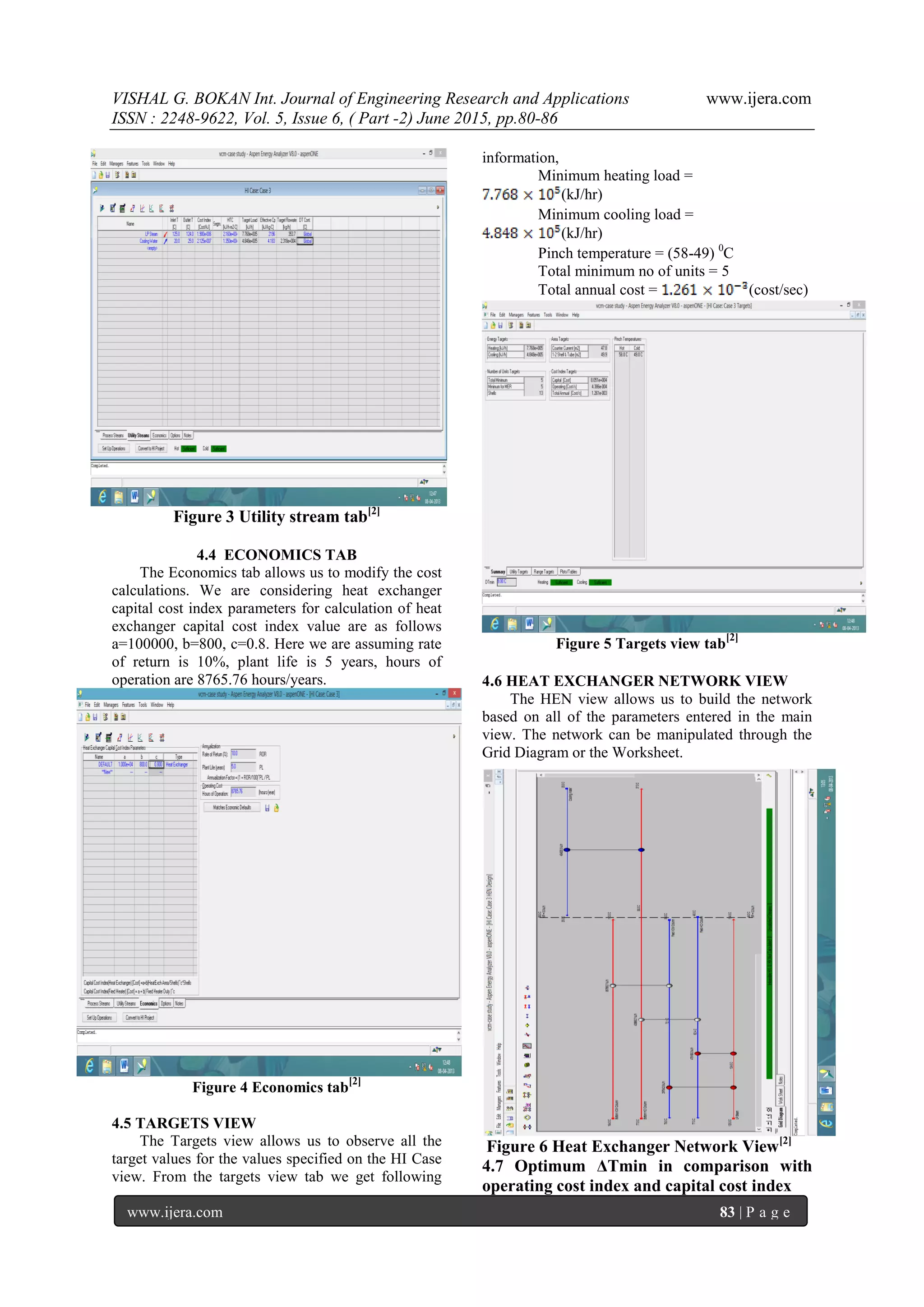 VISHAL G. BOKAN Int. Journal of Engineering Research and Applications www.ijera.com
ISSN : 2248-9622, Vol. 5, Issue 6, ( Part -2) June 2015, pp.80-86
www.ijera.com 83 | P a g e
Figure 3 Utility stream tab[2]
4.4 ECONOMICS TAB
The Economics tab allows us to modify the cost
calculations. We are considering heat exchanger
capital cost index parameters for calculation of heat
exchanger capital cost index value are as follows
a=100000, b=800, c=0.8. Here we are assuming rate
of return is 10%, plant life is 5 years, hours of
operation are 8765.76 hours/years.
Figure 4 Economics tab
[2]
4.5 TARGETS VIEW
The Targets view allows us to observe all the
target values for the values specified on the HI Case
view. From the targets view tab we get following
information,
Minimum heating load =
(kJ/hr)
Minimum cooling load =
(kJ/hr)
Pinch temperature = (58-49) 0
C
Total minimum no of units = 5
Total annual cost = (cost/sec)
Figure 5 Targets view tab
[2]
4.6 HEAT EXCHANGER NETWORK VIEW
The HEN view allows us to build the network
based on all of the parameters entered in the main
view. The network can be manipulated through the
Grid Diagram or the Worksheet.
Figure 6 Heat Exchanger Network View[2]
4.7 Optimum ΔTmin in comparison with
operating cost index and capital cost index
 