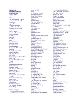 FILM AND
ENTERTAINMENT
EXPERIENCE
1993 - 2007
8 Women
The Adventures of Priscilla,
Queen of the Desert*
After Life
Agnes Browne
American Astronaut
And Then Came Love
Another Day In Paradise
Antonia
April’s Shower
Assault on Precinct 13
Aurora Borealis
Barb Wire
Bartleby
BackBeat
Bean
Beautiful Boxer
Beautiful People
Beauty Remains
Before the Rain*
Being John Malkovich*
Besotted
Better Than Chocolate
Better Than Sex
The Big Lebowski
Big Night
Billy's Hollywood Screen Kiss
Black Irish
Bounce: Behind The Velvet
Rope
Bound
Bowling For Columbine*
Broken Flowers
Brooklyn Rules
The Business of Strangers
Callas Forever
Cape of Good Hope
Carrington
Candyman II: Farewell to the
Flesh
Caterina in the Big City
Chinese Box
Circle of Friends
Clay Pigeons
Cold Comfort Farm
The Constant Gardener*
Cotton Mary
Cont’d. next page
* Asterisk denotes Academy
Award Winners or Nominees
Crazy As Hell
Cube
A Dangerous Woman
Dazed and Confused
Dead Man Walking*
Delicatessen
Descent
Donnie Darko
The Door in the Floor
Double Dragon
Duck
8 Women
The Eighth Day
Elizabeth*
Elling
Emmanuel’s Gift
Eternal
Eternal Sunshine of the Spotless
Mind
Eternity and a Day
Everything’s Gone Green
Fastpitch
Far From Heaven*
Fargo*
Four-Eyed Monsters
Four Lane Highway
Four Weddings and a Funeral*
Freshman Orientation
The Games People Play
Gangster Number 1
The Girl
Going All The Way
Gosford Park*
Go Now
Go Tigers!
Grace of My Heart
Gridlock'd
Group
The Guys
Happy Accidents
Hellbent
Hellraiser III
The Hi-Lo Country
A Home of Our Own
How To Be A Player
How To Kill Your Neighbor’s
Dog
The Hunting of the President
I'm Not Rappaport
If I Didn’t Care
In the Mood for Love
Incantato
Jack and Sarah
Jude
Jump Tomorrow
Keep the River on Your Right:
A Modern Cannibal Tale
The Kid Stays In The Picture
The King Is Alive
King of the Hill
King of the Jungle
The Last September
Let It Snow
Lipstick & Dynamite
Lilya Forever
Little Fish
Lock, Stock, and Two Smoking
Barrels
Lost In Translation
Mallrats
The Man Who Wasn’t There*
Manda Bala (Send A Bullet)
Marjoe (Re-release)
The Matchmaker
Maybe Baby
Memento*
Monsoon Wedding
Monster
Moonlight and Valentino
The Motorcycle Diaries
The Muse
Music From The Inside Out
My Mother Likes Women
My Summer of Love
Murder-Set-Pieces
Naming Number Two
Ned Kelly
Never Again
New Jersey Drive
New Suit
No Looking Back
The Nomi Song
Nurse Betty
One Night at McCool’s
One Tough Cop
Open Hearts
Our Song
The Pianist*
Pitch Black
The Portrait of a Lady*
Possession
P.S.
Punks
Push
Real Women Have Curves
Regret To Inform*
Rhinoceros Eyes
Ride With The Devil
Romance
Romeo Is Bleeding
Rory O’Shea Was Here
Same Old Song
 