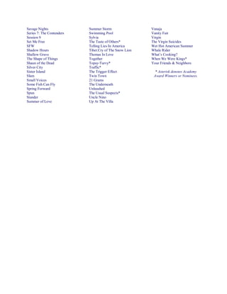 Savage Nights
Series 7: The Contenders
Session 9
Set Me Free
SFW
Shadow Hours
Shallow Grave
The Shape of Things
Shaun of the Dead
Silver City
Sister Island
Slam
Small Voices
Some Fish Can Fly
Spring Forward
Spun
Stander
Summer of Love
Summer Storm
Swimming Pool
Sylvia
The Taste of Others*
Telling Lies In America
Tibet:Cry of The Snow Lion
Thomas In Love
Together
Topsy-Turvy*
Traffic*
The Trigger Effect
Twin Town
21 Grams
The Underneath
Unleashed
The Usual Suspects*
Uncle Nino
Up At The Villa
Vanaja
Vanity Fair
Virgin
The Virgin Suicides
Wet Hot American Summer
Whale Rider
What’s Cooking?
When We Were Kings*
Your Friends & Neighbors
* Asterisk denotes Academy
Award Winners or Nominees.
 