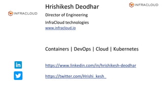 Hrishikesh Deodhar
Director of Engineering
InfraCloud technologies
www.infracloud.io
https://www.linkedin.com/in/hrishikesh-deodhar
https://twitter.com/Hrishi_kesh_
Containers | DevOps | Cloud | Kubernetes
 