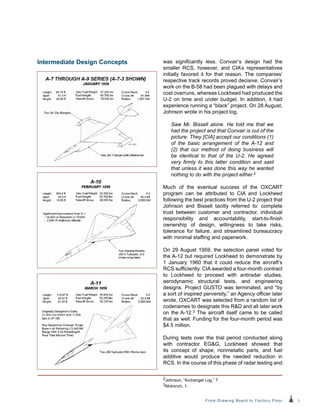 5From Drawing Board to Factory Floor
was significantly less. Convair’s design had the
smaller RCS, however, and CIA’s representatives
initially favored it for that reason. The companies’
respective track records proved decisive. Convair’s
work on the B-58 had been plagued with delays and
cost overruns, whereas Lockheed had produced the
U-2 on time and under budget. In addition, it had
experience running a “black” project. On 28 August,
Johnson wrote in his project log,
Saw Mr. Bissell alone. He told me that we
had the project and that Convair is out of the
picture. They [CIA] accept our conditions (1)
of the basic arrangement of the A-12 and
(2) that our method of doing business will
be identical to that of the U-2. He agreed
very firmly to this latter condition and said
that unless it was done this way he wanted
nothing to do with the project either.2
Much of the eventual success of the OXCART
program can be attributed to CIA and Lockheed
following the best practices from the U-2 project that
Johnson and Bissell tacitly referred to: complete
trust between customer and contractor, individual
responsibility and accountability, start-to-finish
ownership of design, willingness to take risks,
tolerance for failure, and streamlined bureaucracy
with minimal staffing and paperwork.
On 29 August 1959, the selection panel voted for
the A‑12 but required Lockheed to demonstrate by
1 January 1960 that it could reduce the aircraft’s
RCS sufficiently. CIA awarded a four-month contract
to Lockheed to proceed with antiradar studies,
aerodynamic structural tests, and engineering
designs. Project GUSTO was terminated, and “by
a sort of inspired perversity,” an Agency officer later
wrote, OXCART was selected from a random list of
codenames to designate this R&D and all later work
on the A-12.3 The aircraft itself came to be called
that as well. Funding for the four-month period was
$4.5 million.
During tests over the trial period conducted along
with contractor EG&G, Lockheed showed that
its concept of shape, nonmetallic parts, and fuel
additive would produce the needed reduction in
RCS. In the course of this phase of radar testing and
Intermediate Design Concepts
2Johnson, “Archangel Log,” 7.
3McIninch, 1.
 
