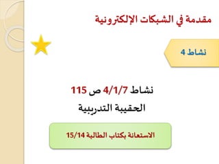 ‫اإللكترونية‬ ‫الشبكات‬ ‫في‬ ‫مقدمة‬
‫نشاط‬4/1/7‫ص‬115
‫يبية‬‫ر‬‫التد‬‫الحقيبة‬
‫نشاط‬4
‫الطالبة‬ ‫بكتاب‬ ‫االستعانة‬15/14
 