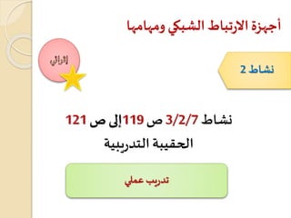 ‫ومهامها‬‫الشبكي‬‫تباط‬‫ر‬‫اال‬‫أجهزة‬
‫نشاط‬3/2/7‫ص‬119‫إلى‬‫ص‬121
‫يبية‬‫ر‬‫التد‬‫الحقيبة‬
‫نشاط‬2
‫عملي‬ ‫يب‬‫ر‬‫تد‬
 
