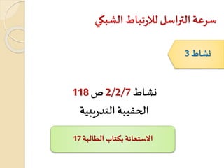 ‫الشبكي‬‫تباط‬‫ر‬‫لال‬‫التراسل‬‫سرعة‬
‫نشاط‬2/2/7‫ص‬118
‫يبية‬‫ر‬‫التد‬‫الحقيبة‬
‫نشاط‬3
‫الطالبة‬ ‫بكتاب‬ ‫االستعانة‬17
 