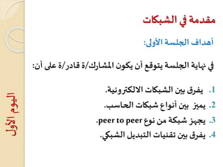 ‫الشبكات‬ ‫في‬ ‫مقدمة‬
‫األولى‬ ‫الجلسة‬ ‫أهداف‬:
‫ك‬‫ر‬‫املشا‬ ‫ن‬‫يكو‬ ‫أن‬ ‫يتوقع‬ ‫الجلسة‬ ‫نهاية‬‫في‬/‫قادر‬ ‫ة‬/‫على‬ ‫ة‬‫أن‬:
.1‫ق‬‫يفر‬‫بين‬‫الشبكات‬‫االلكترونية‬.
.2‫يميز‬‫بين‬‫أنواع‬‫شبكات‬‫الحاسب‬.
.3‫يجهز‬‫شبكة‬‫من‬‫نوع‬peer to peer.
.4‫ق‬‫يفر‬‫بين‬‫تقنيات‬‫التبديل‬‫الشبكي‬.
‫ل‬‫األو‬‫اليوم‬
 