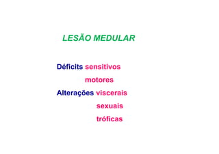 LESÃO MEDULAR
Déficits sensitivos
motores
Alterações viscerais
sexuais
tróficas
 