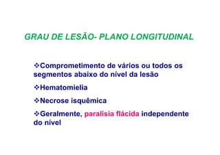 GRAU DE LESÃO- PLANO LONGITUDINAL
Comprometimento de vários ou todos os
segmentos abaixo do nível da lesão
Hematomielia
Necrose isquêmica
Geralmente, paralisia flácida independente
do nível
 
