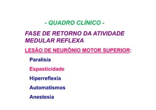 - QUADRO CLÍNICO -
FASE DE RETORNO DA ATIVIDADE
MEDULAR REFLEXA
LESÃO DE NEURÔNIO MOTOR SUPERIOR:
Paralisia
Espasticidade
Hiperreflexia
Automatismos
Anestesia
 
