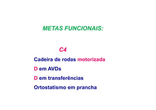 METAS FUNCIONAIS:
C4
Cadeira de rodas motorizada
D em AVDs
D em transferências
Ortostatismo em prancha
 