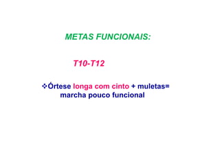 METAS FUNCIONAIS:
Órtese longa com cinto + muletas=
marcha pouco funcional
T10-T12
 