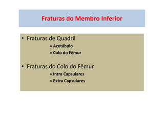 Fraturas do Membro Inferior
• Fraturas de Quadril
» Acetábulo
» Colo do Fêmur
• Fraturas do Colo do Fêmur
» Intra Capsulares
» Extra Capsulares
 