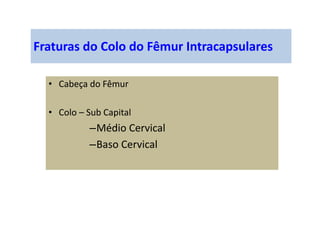 Fraturas do Colo do Fêmur Intracapsulares
• Cabeça do Fêmur
• Colo – Sub Capital
–Médio Cervical
–Baso Cervical
 