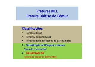 Fraturas M.I.
Fratura Diáfise do Fêmur
Classificações:
• Por localização
• Por grau de cominução
• Por gravidade das lesões de partes moles
1 – Classificação de Winquist e Hansen
(grau de cominução)
2 – Classificação AO
(combina todos os elementos)
 