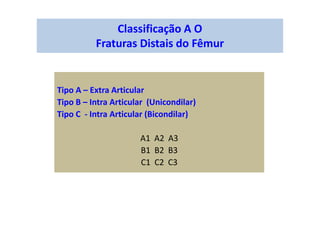 Classificação A O
Fraturas Distais do Fêmur
Tipo A – Extra Articular
Tipo B – Intra Articular (Unicondilar)
Tipo C - Intra Articular (Bicondilar)
A1 A2 A3
B1 B2 B3
C1 C2 C3
 