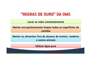 “REGRAS DE OURO” DA OMS
Lavar as mãos constantemente
Manter escrupulosamente limpas todas as superfícies da
cozinha
Manter os alimentos fora do alcance de insetos, roedores
e outros animais
Utilizar água pura
 