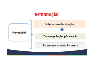 INTRODUÇÃO
Prevenção?
Evitar a recontaminação
Da manipulação pós cocção
Do armazenamento incorreto
 