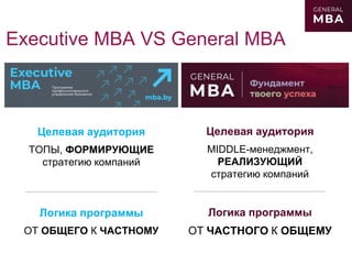 Executive MBA VS General MBA
Целевая аудитория
ТОПЫ, ФОРМИРУЮЩИЕ
стратегию компаний
_______________________
Логика программы
ОТ ОБЩЕГО К ЧАСТНОМУ
Целевая аудитория
MIDDLE-менеджмент,
РЕАЛИЗУЮЩИЙ
стратегию компаний
_______________________
Логика программы
ОТ ЧАСТНОГО К ОБЩЕМУ
 