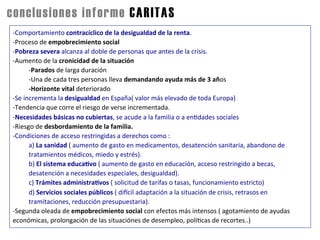 -­‐Comportamiento	
  contracíclico	
  de	
  la	
  desigualdad	
  de	
  la	
  renta.	
  
-­‐Proceso	
  de	
  empobrecimiento	
  social	
  
-­‐Pobreza	
  severa	
  alcanza	
  al	
  doble	
  de	
  personas	
  que	
  antes	
  de	
  la	
  crisis.	
  
-­‐Aumento	
  de	
  la	
  cronicidad	
  de	
  la	
  situación	
  
	
  -­‐Parados	
  de	
  larga	
  duración	
  
	
  -­‐Una	
  de	
  cada	
  tres	
  personas	
  lleva	
  demandando	
  ayuda	
  más	
  de	
  3	
  años	
  
	
  -­‐Horizonte	
  vital	
  deteriorado	
  
-­‐Se	
  incrementa	
  la	
  desigualdad	
  en	
  España(	
  valor	
  más	
  elevado	
  de	
  toda	
  Europa)	
  
-­‐Tendencia	
  que	
  corre	
  el	
  riesgo	
  de	
  verse	
  incrementada.	
  
-­‐Necesidades	
  básicas	
  no	
  cubiertas,	
  se	
  acude	
  a	
  la	
  familia	
  o	
  a	
  enUdades	
  sociales	
  
-­‐Riesgo	
  de	
  desbordamiento	
  de	
  la	
  familia.	
  
-­‐Condiciones	
  de	
  acceso	
  restringidas	
  a	
  derechos	
  como	
  :	
  
	
  a)	
  La	
  sanidad	
  (	
  aumento	
  de	
  gasto	
  en	
  medicamentos,	
  desatención	
  sanitaria,	
  abandono	
  de	
  
	
  tratamientos	
  médicos,	
  miedo	
  y	
  estrés).	
  
	
  b)	
  El	
  sistema	
  educaMvo	
  (	
  aumento	
  de	
  gasto	
  en	
  educación,	
  acceso	
  restringido	
  a	
  becas,	
  
	
  desatención	
  a	
  necesidades	
  especiales,	
  desigualdad).	
  
	
  c)	
  Trámites	
  administraMvos	
  (	
  solicitud	
  de	
  tarifas	
  o	
  tasas,	
  funcionamiento	
  estricto)	
  
	
  d)	
  Servicios	
  sociales	
  públicos	
  (	
  di_cil	
  adaptación	
  a	
  la	
  situación	
  de	
  crisis,	
  retrasos	
  en	
  
	
  tramitaciones,	
  reducción	
  presupuestaria).	
  
-­‐Segunda	
  oleada	
  de	
  empobrecimiento	
  social	
  con	
  efectos	
  más	
  intensos	
  (	
  agotamiento	
  de	
  ayudas	
  
económicas,	
  prolongación	
  de	
  las	
  situaciónes	
  de	
  desempleo,	
  políUcas	
  de	
  recortes..)	
  
conclusiones informe CARITAS
 