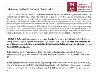 ¿Qué es el riesgo de pobreza para el INE?

El INE fija el umbral de pobreza dependiendo de la distribución de los ingresos por unidad de
consumo de las personas. Se fija este umbral en el 60% de la mediana de los ingresos por unidad
de consumo de las personas. La tasa de riesgo de pobreza es el porcentaje de personas que está
por debajo del umbral de pobreza. En los resultados que se presentan se ha utilizado el umbral
para el conjunto nacional. El valor del umbral de pobreza, expresado como ingreso equivalente de
la persona, se establece en euros. Esto quiere decir que una persona con unos ingresos anuales
por unidad de consumo inferiores a este umbral se considera que está en riesgo de pobreza. El
valor del umbral de pobreza, expresado como ingreso total del hogar, depende del tamaño del
hogar y de las edades de sus miembros, es decir, del número de unidades de consumo.
.	
  El	
  21,1	
  %	
  de	
  la	
  población	
  española	
  vive	
  por	
  debajo	
  del	
  umbral	
  de	
  pobreza	
  en	
  2012.	
  Es	
  una	
  
cifra	
  parecida	
  aunque	
  ligeramente	
  menor	
  (0,7	
  puntos)	
  que	
  la	
  de	
  2011.	
  Este	
  leve	
  descenso	
  de	
  
siete	
  décimas	
  se	
  explica	
  por	
  la	
  estabilidad	
  de	
  los	
  ingresos	
  de	
  los	
  mayores	
  de	
  65	
  años:	
  el	
  resto	
  
de	
  la	
  población	
  empeora.	
  
	
  
2.	
  La	
  situación	
  de	
  los	
  hogares	
  más	
  desfavorecidos	
  se	
  agrava:	
  el	
  porcentaje	
  de	
  hogares	
  
españoles	
  que	
  llega	
  a	
  ﬁn	
  de	
  mes	
  con	
  "mucha	
  diﬁcultad"	
  alcanza	
  el	
  12,7	
  %,	
  frente	
  al	
  9,8	
  %	
  de	
  
2011.	
  
	
  
3.	
  Los	
  ingresos	
  medios	
  anuales	
  de	
  los	
  hogares	
  españoles	
  alcanzaron	
  los	
  24.609	
  euros	
  en	
  2011,	
  
con	
  una	
  disminución	
  del	
  1,9%	
  respecto	
  al	
  año	
  anterior.	
  Si	
  lo	
  dividimos	
  por	
  persona,	
  el	
  ingreso	
  
medio	
  de	
  una	
  persona	
  que	
  vive	
  en	
  España	
  es	
  de	
  9.321	
  euros,	
  aún	
  un	
  1,31%	
  más	
  bajo	
  que	
  en	
  
2011.	
  
 