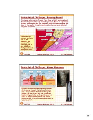 13
25 of 43 Tunnelling Grad Class (2015) Dr. Erik Eberhardt
Geotechnical Challenges: Running Ground
The tunnel will cross the Triassic Piora Zone, a highly weathered and
fractured aquifer under high hydraulic pressure. Based on exploratory
drilling, it was found that the tunnel will pass ~250 meters below the
base of the aquifer through unweathered and unfractured dolomite/
anhydrite-sequences.
Considered the
greatest geological
risk to the
feasibility and
success of the
tunnel project, in
Nov. 2008 the
TBM passed safely
through the Piora.
26 of 43 Tunnelling Grad Class (2015) Dr. Erik Eberhardt
Geotechnical Challenges: Known Unknowns
Rockbursts involve sudden releases of stored
strain energy through the failure of strong
rock. They manifest themselves through the
sudden ejection of rock into the excavation.
Rockbursting potential is of special concern in
cases of deep tunnelling where high stress
concentrations form due to overburden loads or
tectonic activity.
 