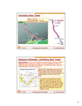 4
7 of 43 Tunnelling Grad Class (2015) Dr. Erik Eberhardt
Lötschberg Base Tunnel
Drill & Blast
TBM
Length = 34.6 km
Total tunnel system = 88.1 km
Excavated material = 16 million tonnes
80%
20%
8 of 43 Tunnelling Grad Class (2015) Dr. Erik Eberhardt
The path of the Lötschberg passed under the
Gästern Valley, 200 m below the valley floor.
It was estimated that the alluvial sediments
extended 100 m below surface leaving 100 m of
strong limestone to form the roof of the
tunnel.
Geological Challenges: Lötschberg Base Tunnel
Buried Valleys: burial is the consequence of glacial down cutting and alluvial
deposition. Buried valleys are a major concern in tunnelling as they are
often deep (!!), with unknown thicknesses, and filled with water saturated
sediments under high water pressures.
In actuality, the buried valley reached
depths of more than 185 m. By July 24,
1908, the tunnel had advanced such that
only a thin wall of rock divided the working-
face from the buried valley. Within seconds
of that morning’s blast, 40,000m3 of water
saturated sediments swept into the tunnel
killing 25 men and filling the tunnel for a
distance 1.25 km.
 