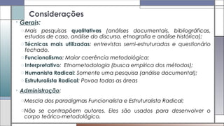 Considerações
• Gerais:
o Mais pesquisas qualitativas (análises documentais, bibliográficas,
estudos de caso, análise do discurso, etnografia e análise histórica);
o Técnicas mais utilizadas: entrevistas semi-estruturadas e questionário
fechado.
o Funcionalismo: Maior coerência metodológica;
o Interpretativo: Etnometodologia (busca empírica dos métodos);
o Humanista Radical: Somente uma pesquisa (análise documental);
o Estruturalista Radical: Povoa todas as áreas
• Administração:
oMescla dos paradigmas Funcionalista e Estruturalista Radical;
oNão se contrapõem autores. Eles são usados para desenvolver o
corpo teórico-metodológico.
 