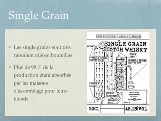 Single Grain
Les single grains sont très
rarement mis en bouteilles
Plus de 99 % de la
production étant absorbés
par les maisons
d'assemblage pour leurs
blends
 
