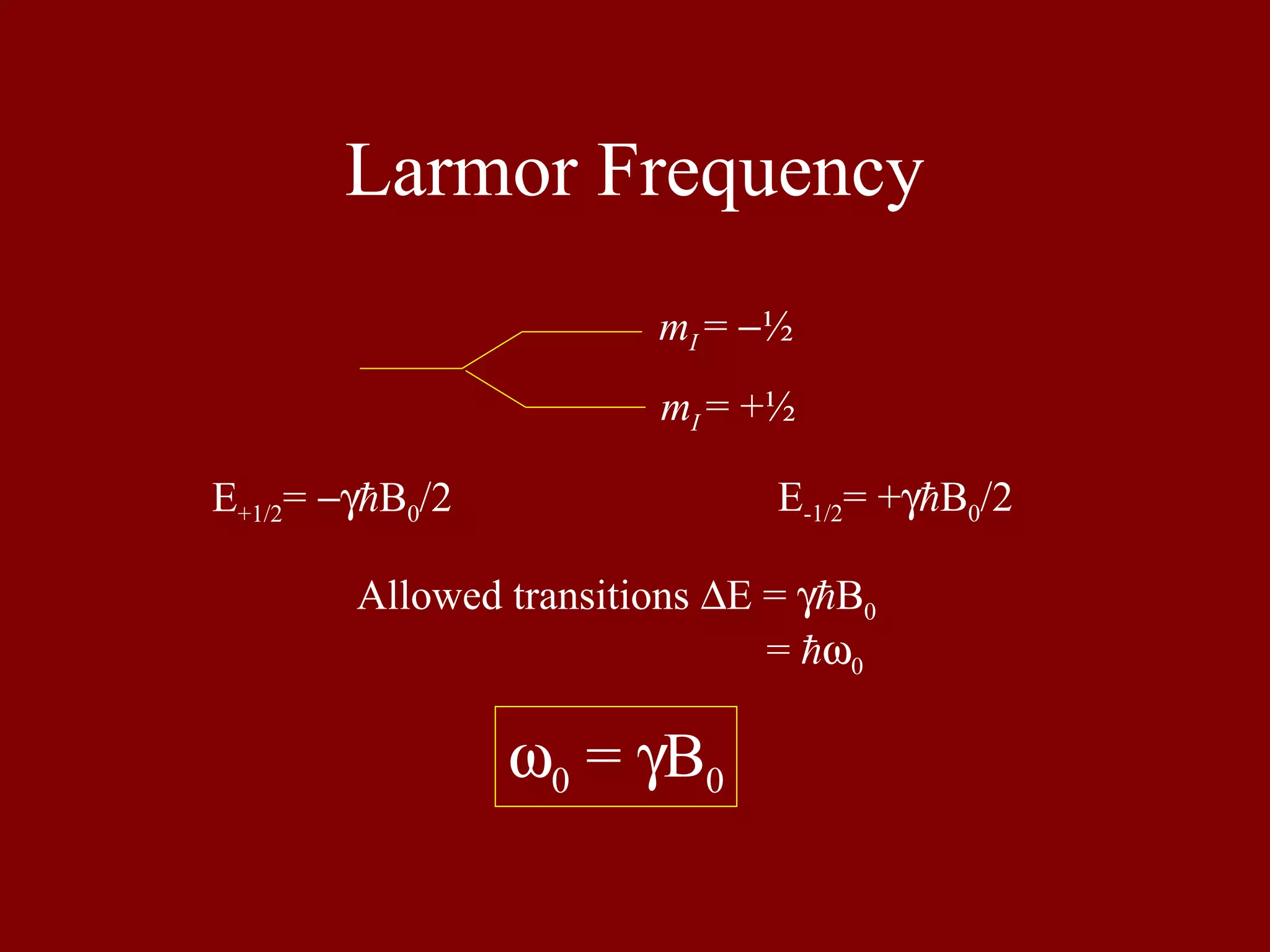 Larmor Frequency
E+1/2= −γB0/2 E-1/2= +γB0/2
Allowed transitions ∆E = γB0
= ω0
mI = −½
mI = +½
ω0 = γB0