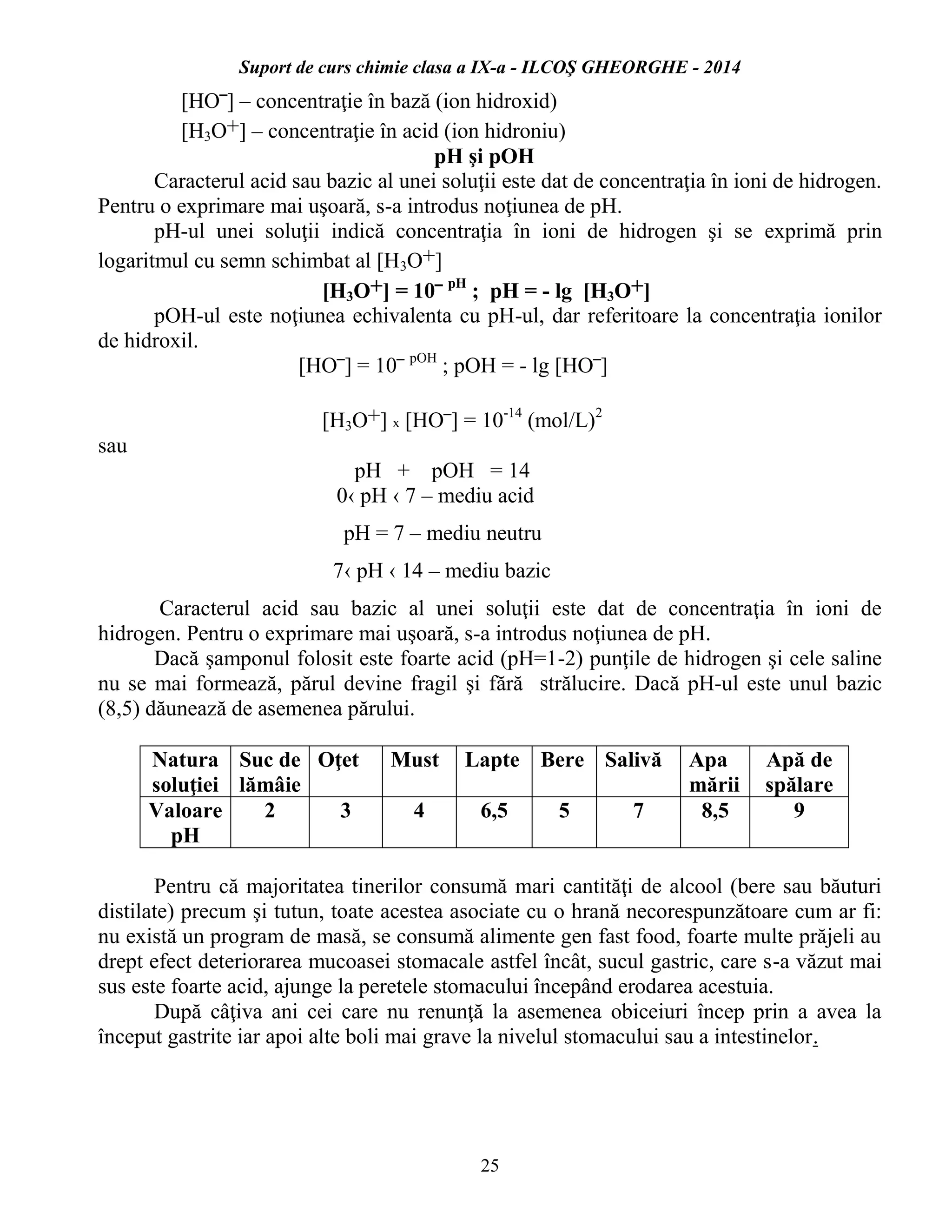 Suport de curs chimie clasa a IX-a - ILCOŞ GHEORGHE - 2014
25
[HO‾] – concentraţie în bază (ion hidroxid)
[H3O+] – concentraţie în acid (ion hidroniu)
pH şi pOH
Caracterul acid sau bazic al unei soluţii este dat de concentraţia în ioni de hidrogen.
Pentru o exprimare mai uşoară, s-a introdus noţiunea de pH.
pH-ul unei soluţii indică concentraţia în ioni de hidrogen şi se exprimă prin
logaritmul cu semn schimbat al [H3O+]
[H3O+] = 10‾ pH
; pH = - lg [H3O+]
pOH-ul este noţiunea echivalenta cu pH-ul, dar referitoare la concentraţia ionilor
de hidroxil.
[HO‾] = 10‾ pOH
; pOH = - lg [HO‾]
[H3O+] x [HO‾] = 10-14
(mol/L)2
sau
pH + pOH = 14
0‹ pH ‹ 7 – mediu acid
pH = 7 – mediu neutru
7‹ pH ‹ 14 – mediu bazic
Caracterul acid sau bazic al unei soluţii este dat de concentraţia în ioni de
hidrogen. Pentru o exprimare mai uşoară, s-a introdus noţiunea de pH.
Dacă şamponul folosit este foarte acid (pH=1-2) punţile de hidrogen şi cele saline
nu se mai formează, părul devine fragil şi fără strălucire. Dacă pH-ul este unul bazic
(8,5) dăunează de asemenea părului.
Natura
soluţiei
Suc de
lămâie
Oţet Must Lapte Bere Salivă Apa
mării
Apă de
spălare
Valoare
pH
2 3 4 6,5 5 7 8,5 9
Pentru că majoritatea tinerilor consumă mari cantităţi de alcool (bere sau băuturi
distilate) precum şi tutun, toate acestea asociate cu o hrană necorespunzătoare cum ar fi:
nu există un program de masă, se consumă alimente gen fast food, foarte multe prăjeli au
drept efect deteriorarea mucoasei stomacale astfel încât, sucul gastric, care s-a văzut mai
sus este foarte acid, ajunge la peretele stomacului începând erodarea acestuia.
După câţiva ani cei care nu renunţă la asemenea obiceiuri încep prin a avea la
început gastrite iar apoi alte boli mai grave la nivelul stomacului sau a intestinelor.
 