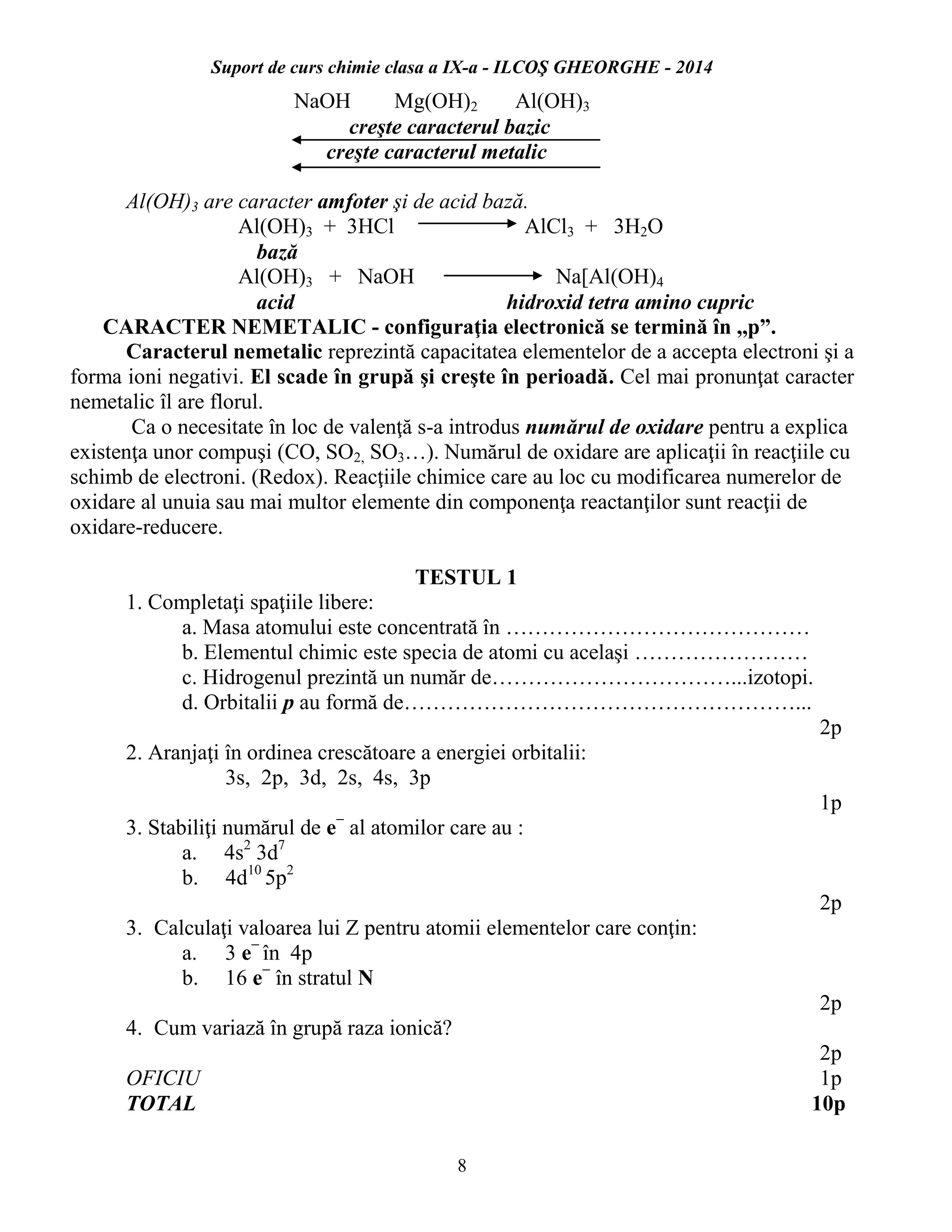 Suport de curs chimie clasa a IX-a - ILCOŞ GHEORGHE - 2014
8
NaOH Mg(OH)2 Al(OH)3
creşte caracterul bazic
creşte caracterul metalic
Al(OH)3 are caracter amfoter şi de acid bază.
Al(OH)3 + 3HCl AlCl3 + 3H2O
bază
Al(OH)3 + NaOH Na[Al(OH)4
acid hidroxid tetra amino cupric
CARACTER NEMETALIC - configuraţia electronică se termină în ,,p”.
Caracterul nemetalic reprezintă capacitatea elementelor de a accepta electroni şi a
forma ioni negativi. El scade în grupă şi creşte în perioadă. Cel mai pronunţat caracter
nemetalic îl are florul.
Ca o necesitate în loc de valenţă s-a introdus numărul de oxidare pentru a explica
existenţa unor compuşi (CO, SO2, SO3…). Numărul de oxidare are aplicaţii în reacţiile cu
schimb de electroni. (Redox). Reacţiile chimice care au loc cu modificarea numerelor de
oxidare al unuia sau mai multor elemente din componenţa reactanţilor sunt reacţii de
oxidare-reducere.
TESTUL 1
1. Completaţi spaţiile libere:
a. Masa atomului este concentrată în ……………………………………
b. Elementul chimic este specia de atomi cu acelaşi ……………………
c. Hidrogenul prezintă un număr de……………………………...izotopi.
d. Orbitalii p au formă de………………………………………………...
2p
2. Aranjaţi în ordinea crescătoare a energiei orbitalii:
3s, 2p, 3d, 2s, 4s, 3p
1p
3. Stabiliţi numărul de e−
al atomilor care au :
a. 4s2
3d7
b. 4d10
5p2
2p
3. Calculaţi valoarea lui Z pentru atomii elementelor care conţin:
a. 3 e−
în 4p
b. 16 e−
în stratul N
2p
4. Cum variază în grupă raza ionică?
2p
OFICIU 1p
TOTAL 10p
 