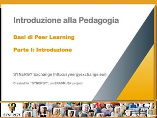 Introduzione alla Pedagogia
Basi di Peer Learning
Parte I: Introduzione
SYNERGY Exchange (http://synergyexchange.eu/)
Created for “SYNERGY”, an ERASMUS+ project
 